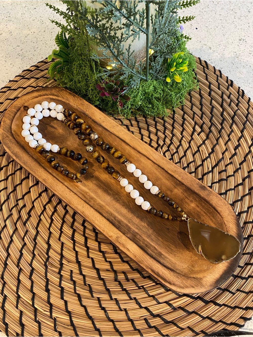 “The Ark Legacy” Handmade Beaded Tiger Eye & White Agate Pendant Necklace